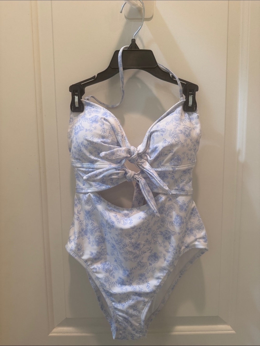 Classic Blue Floral Tie-Front One-Piece with removable neck strap